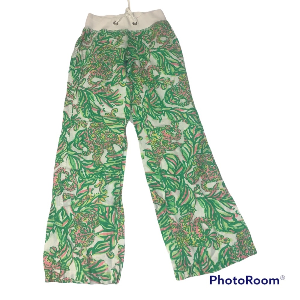 Lily Pulitzer lounge pants Green Pink Floral Draw String size XS extra Small EUC